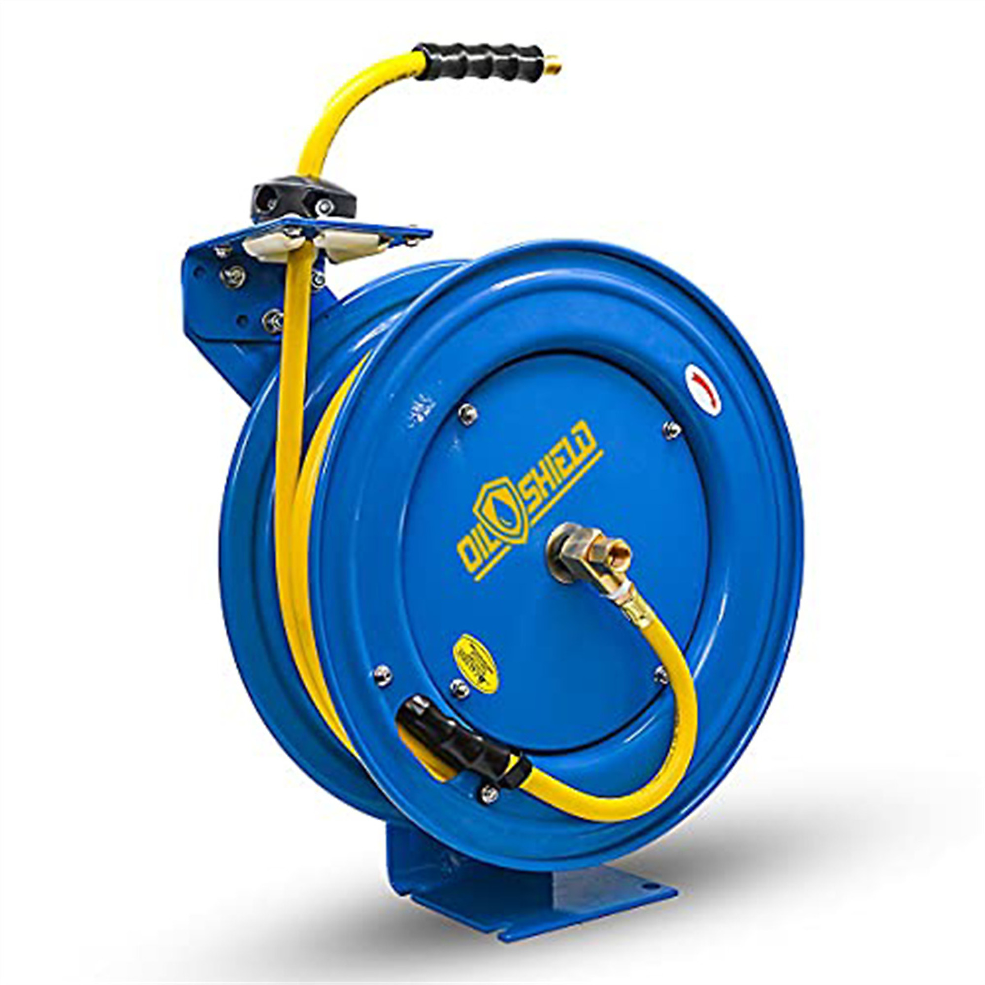 OIL SHIELD OSR3875 20 ga. Retractable Hose Reel with 3/8" x 75' Air Hose, 3' Lead-in Hose, Next-Gen Ultra-Light and Super Strong Rubber, 12 Point Ratchet System